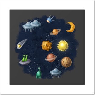 Outer space with aliens and planets. Posters and Art